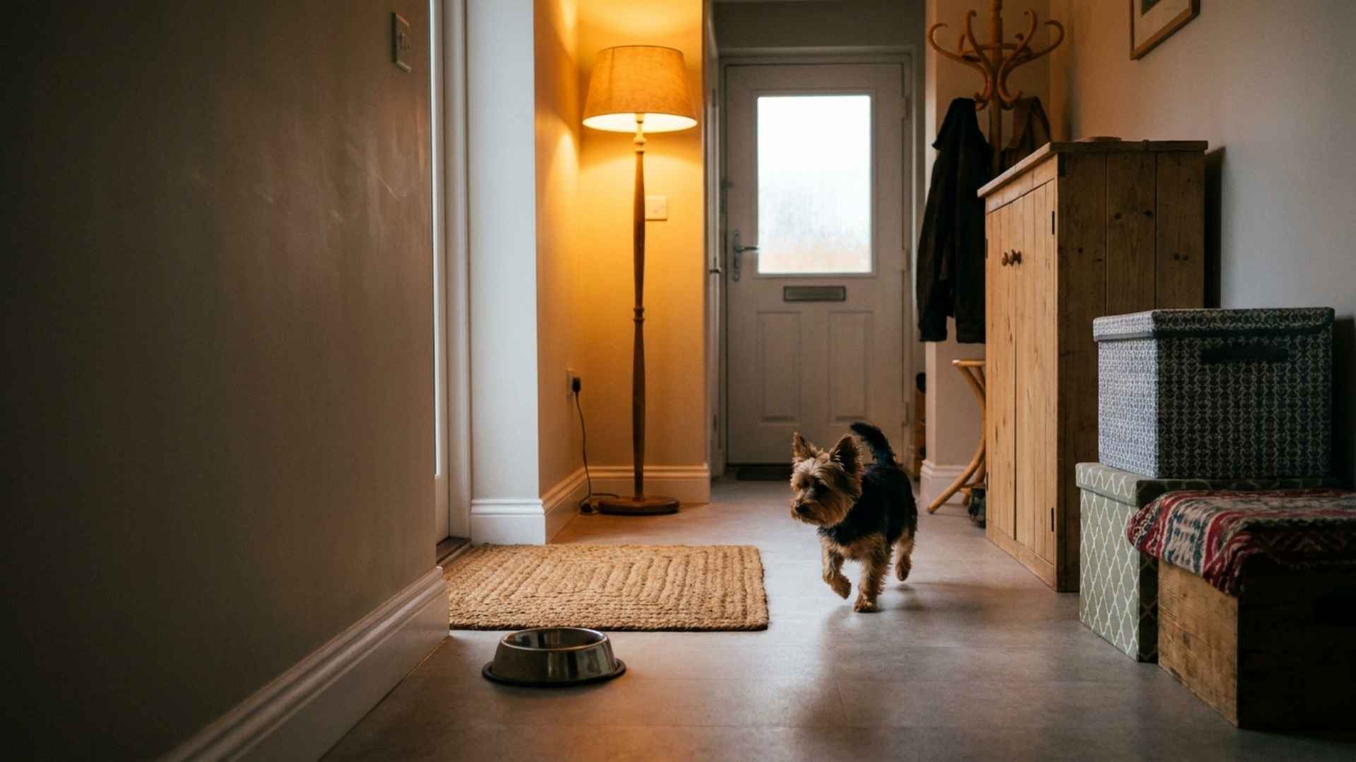 Perro andando por el pasillo hacia el cuenco